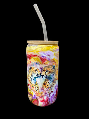 Custom Painted Cheetah Floral Glass Tumbler - 18 Oz