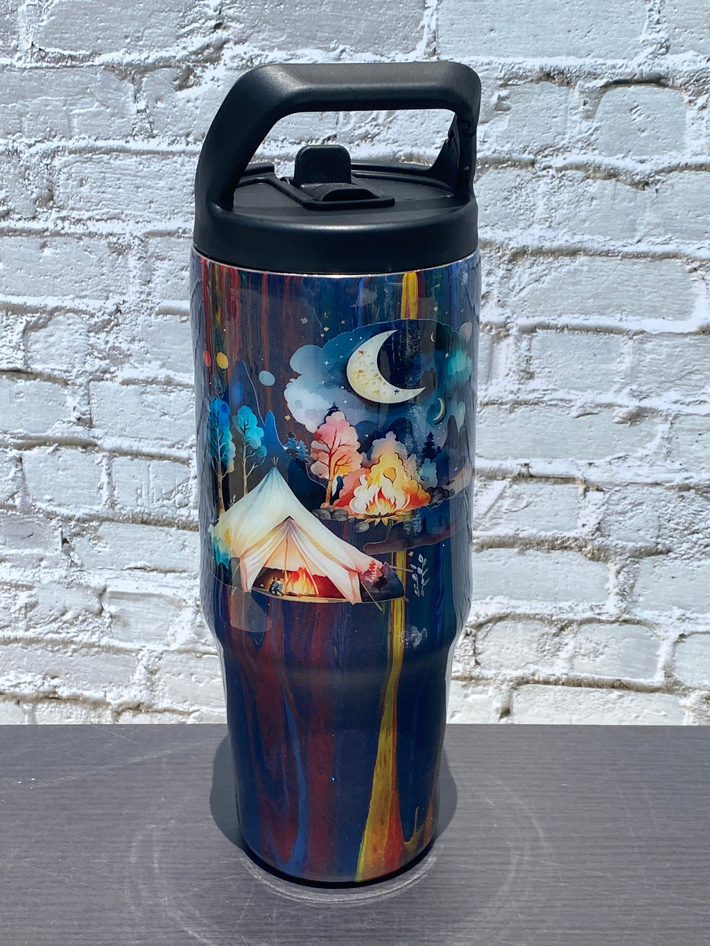 Hand Painted Moon Camping Stainless Clip Mate Hydro Bottle w/Lid and Straw- 30 Oz