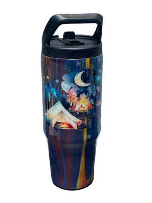 Hand Painted Moon Camping Stainless Clip Mate Hydro Bottle w/Lid and Straw- 30 Oz