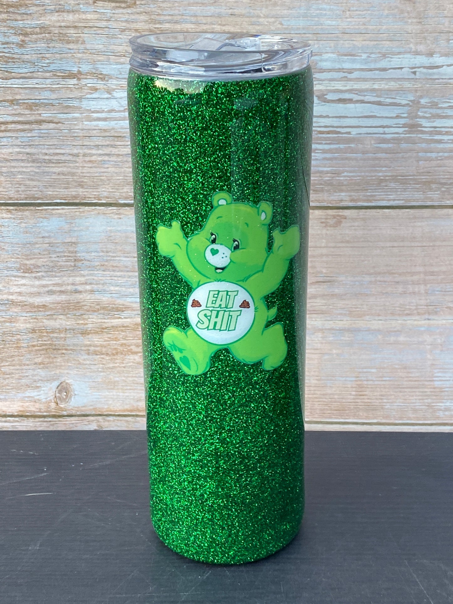 Custom Painted Green Swear Bear Stainless Skinny Tumbler w/Sliding Lid and Straw- 30 Oz