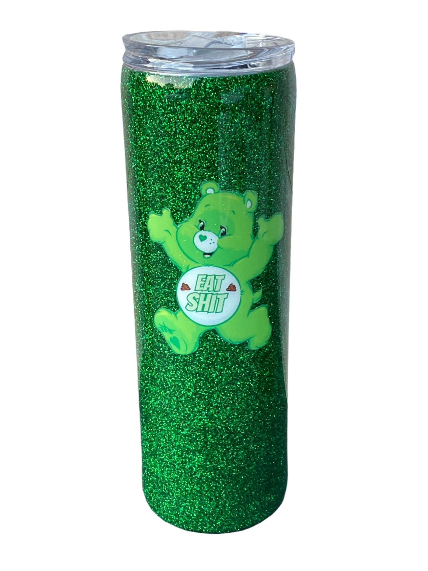 Custom Painted Green Swear Bear Stainless Skinny Tumbler w/Sliding Lid and Straw- 30 Oz