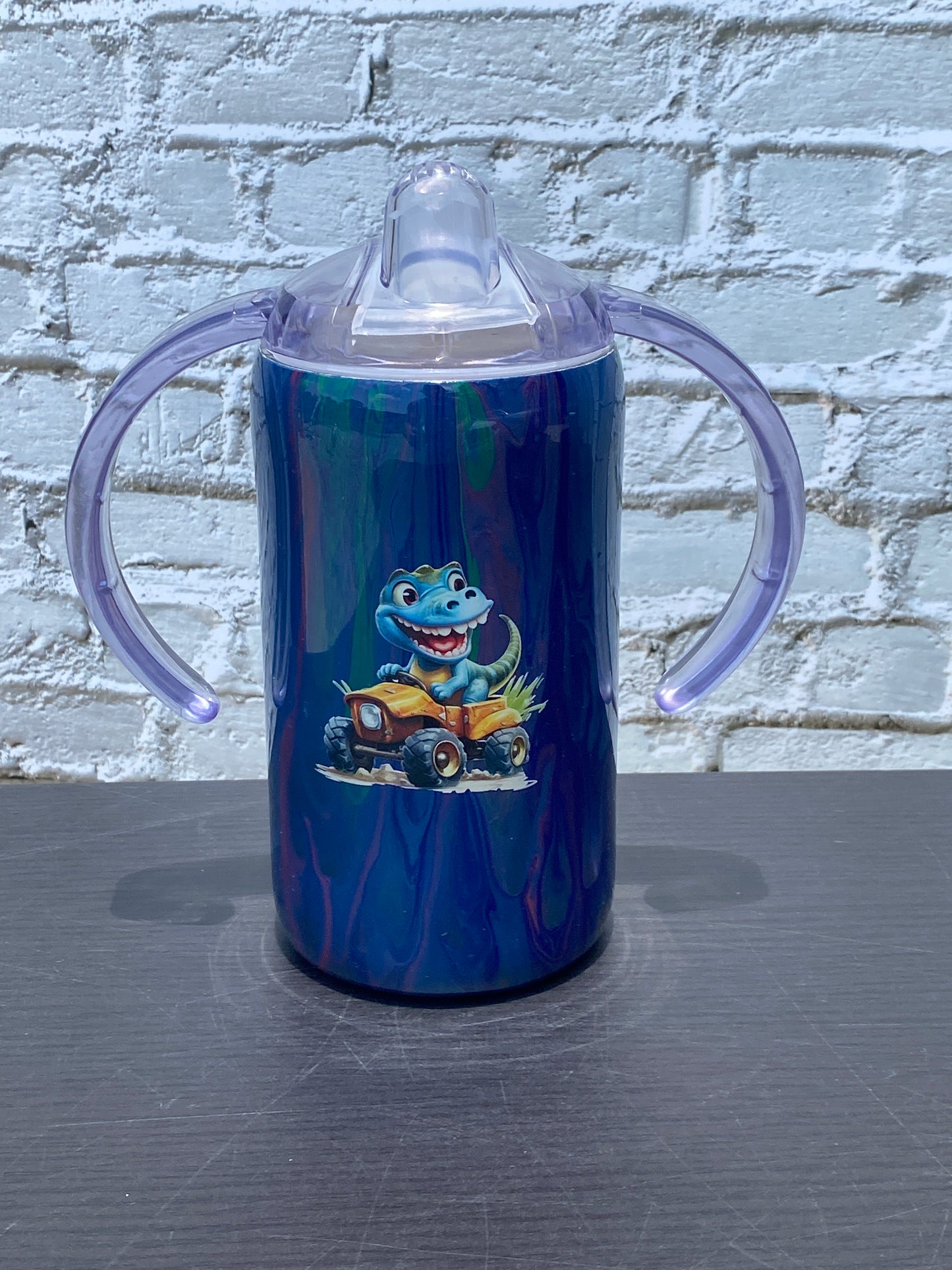 Custom Hand-Painted Blue Dino Car with Sippy Lid - 14 Oz