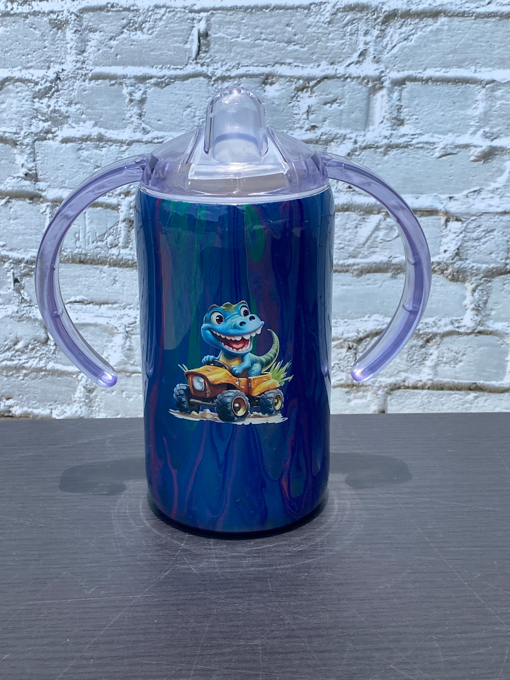 Custom Hand-Painted Blue Dino Car with Sippy Lid - 14 Oz