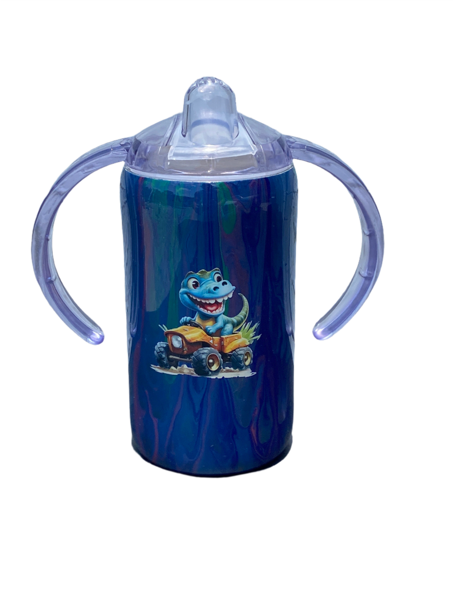 Custom Hand-Painted Blue Dino Car with Sippy Lid - 14 Oz