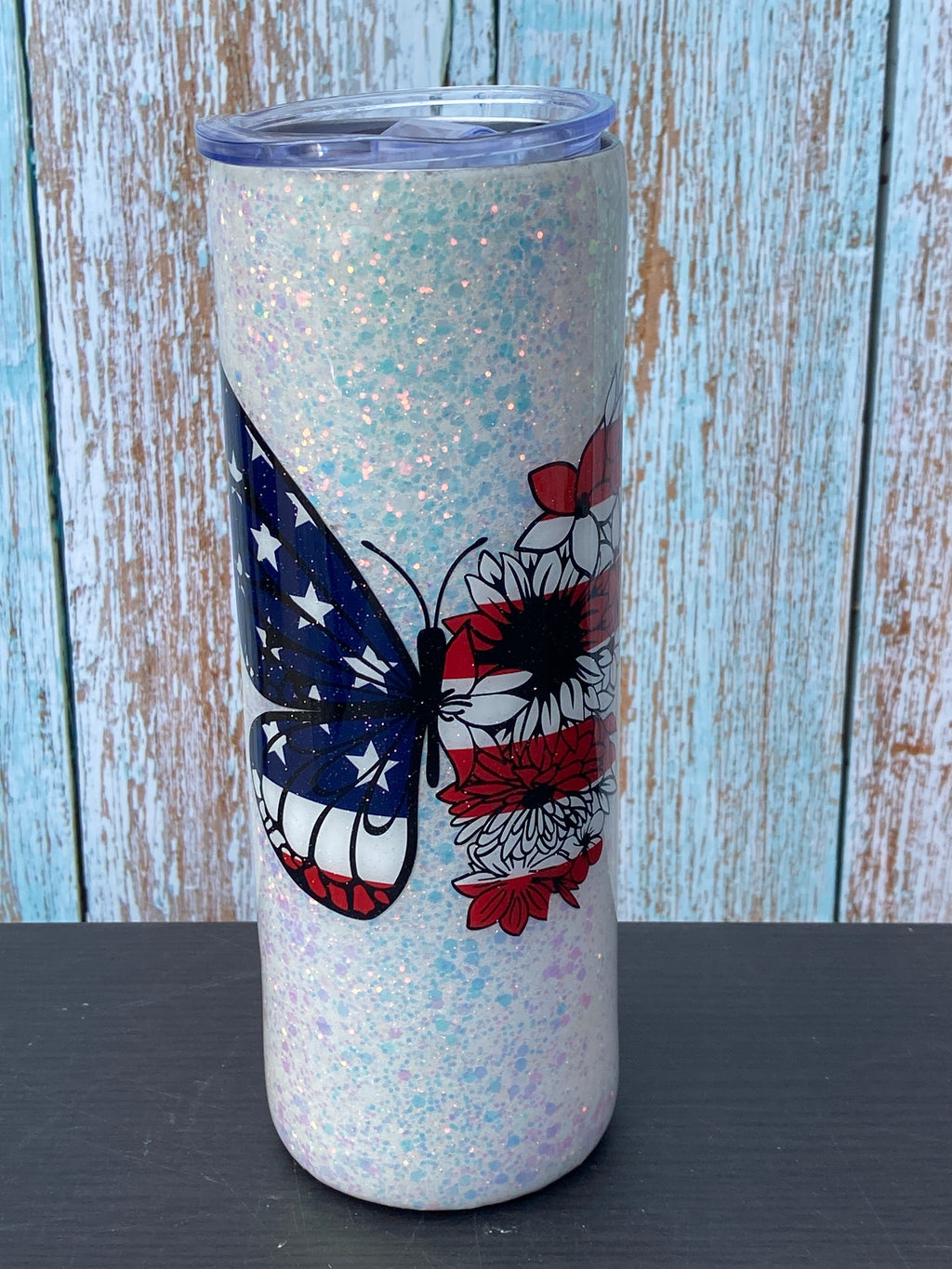 Custom Painted Patriotic Butterfly Stainless Skinny Tumbler w/Sliding Lid and Straw- 20 Oz.
