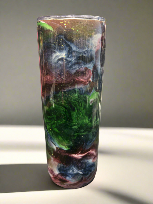 Custom Red/Blue/Green Ink Swirl Stainless Skinny Tumbler w/Sliding Lid and Straw- 20 Oz