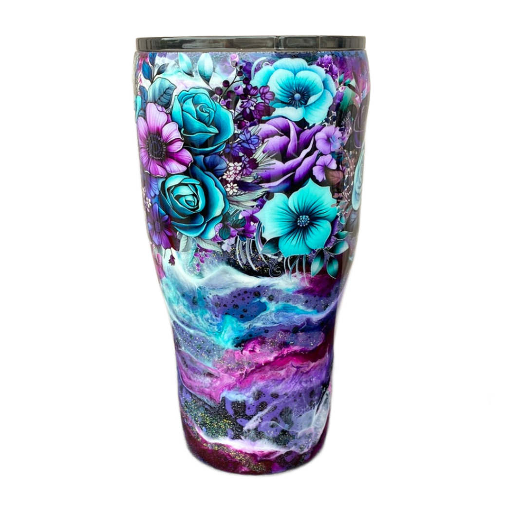 Custom Painted Purple Teal Floral Stainless Classic Curve Tumbler - 30 Oz