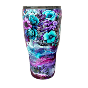 Custom Painted Purple Teal Floral Stainless Classic Curve Tumbler - 30 Oz