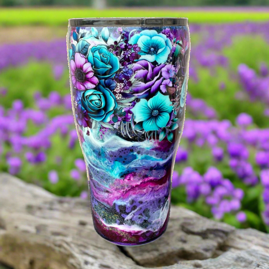 Custom Painted Purple Teal Floral Stainless Classic Curve Tumbler - 30 Oz