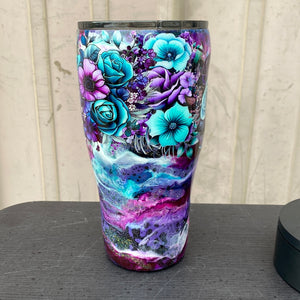 Custom Painted Purple Teal Floral Stainless Classic Curve Tumbler - 30 Oz