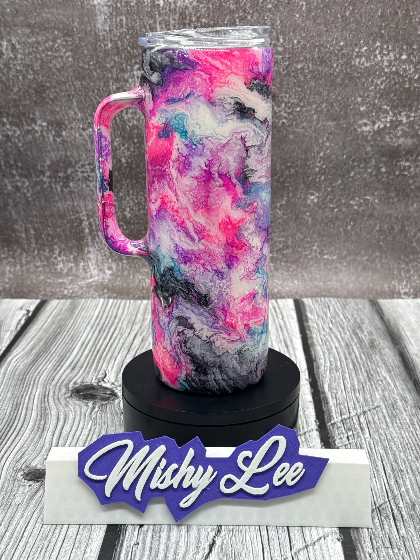 Custom Painted Pink Gray Swirl Stainless Skinny Tumbler with Handle w/Sliding Lid and Straw- 20 Oz