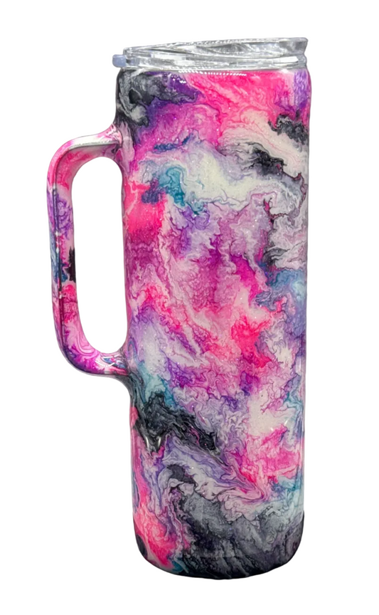 Custom Painted Pink Gray Swirl Stainless Skinny Tumbler with Handle w/Sliding Lid and Straw- 20 Oz