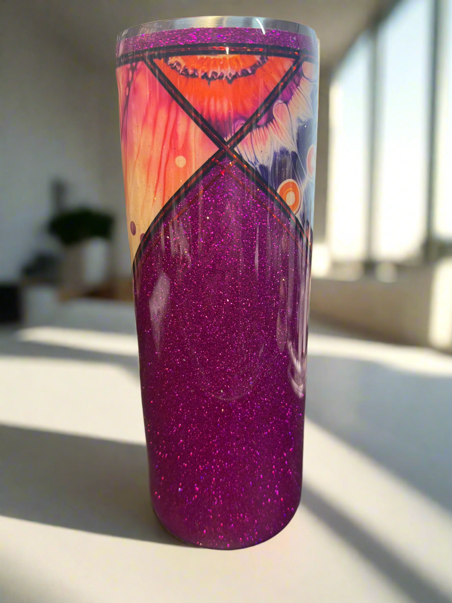 Custom Orange/Pink Mandala Stainless Skinny Tumbler w/Sliding Lid and Straw- 20 Oz