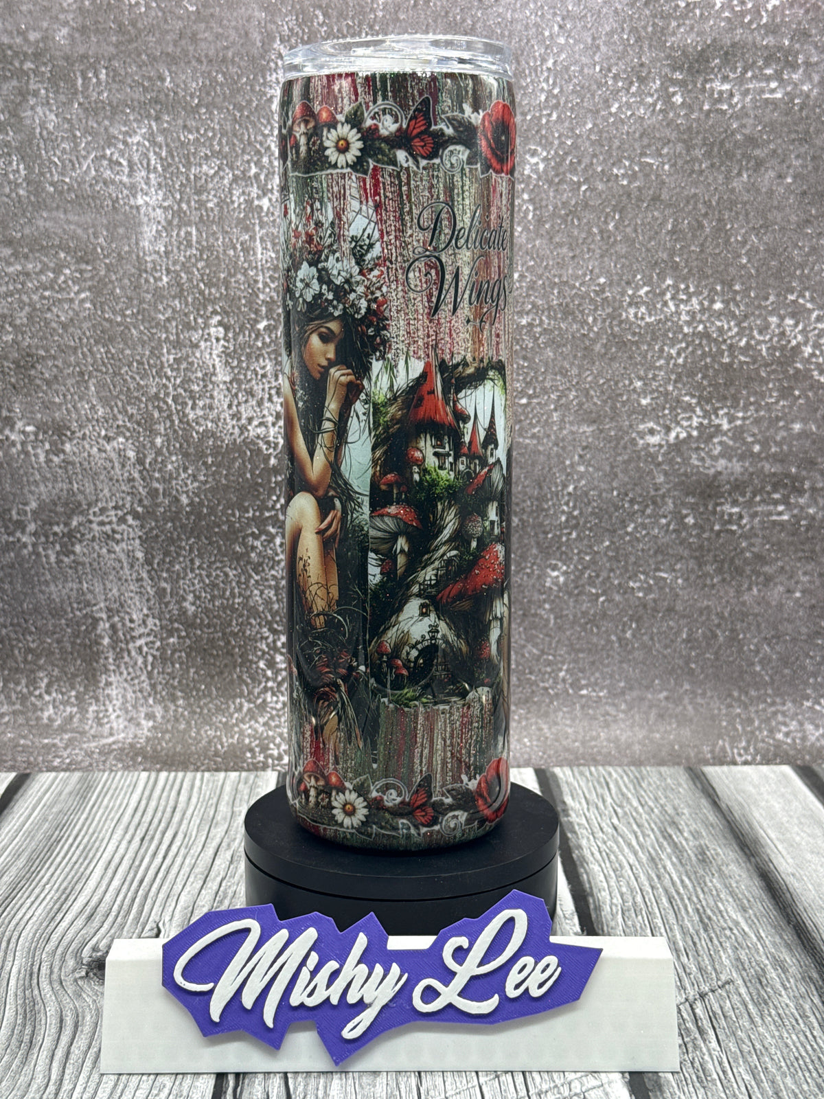Custom Painted Delicate Wings Stainless Skinny Tumbler w/Sliding Lid and Straw- 35 Oz