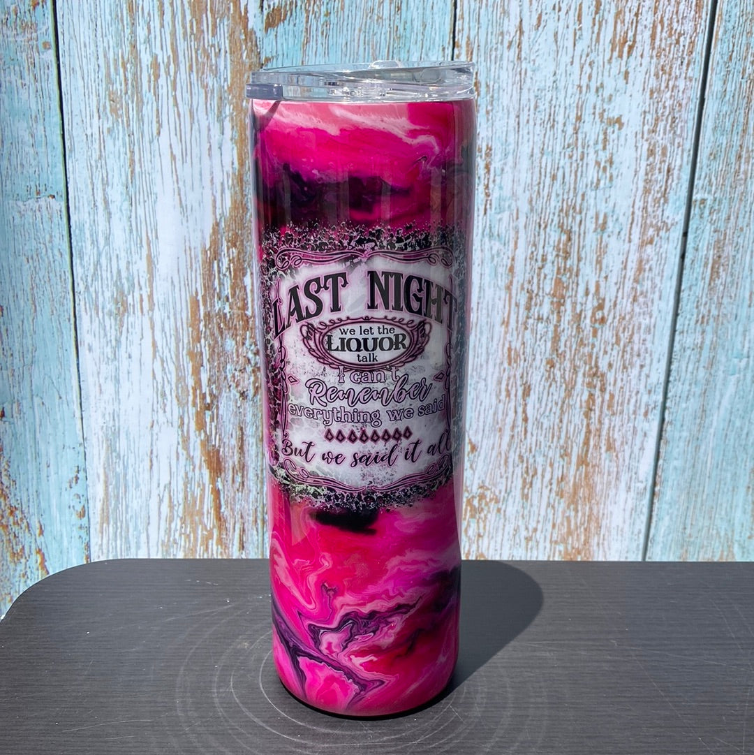 Custom Painted Last Night Pink Stainless Skinny Tumbler w/Sliding Lid and Straw- 30 Oz