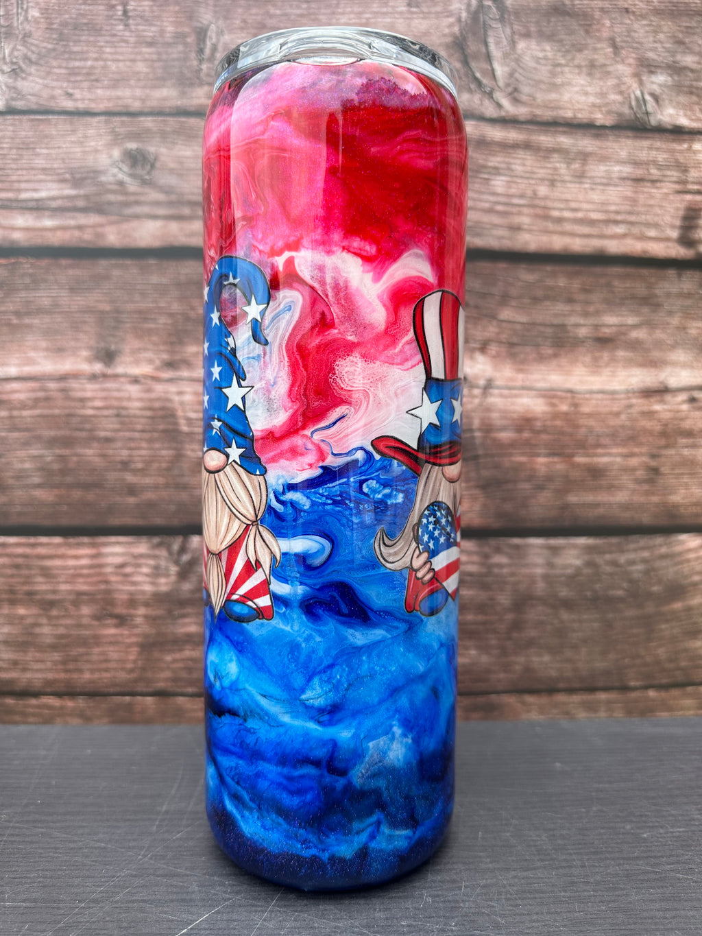 Custom Painted Patriotic Gnomes Stainless Skinny Tumbler w/Sliding Lid and Straw- 30 Oz