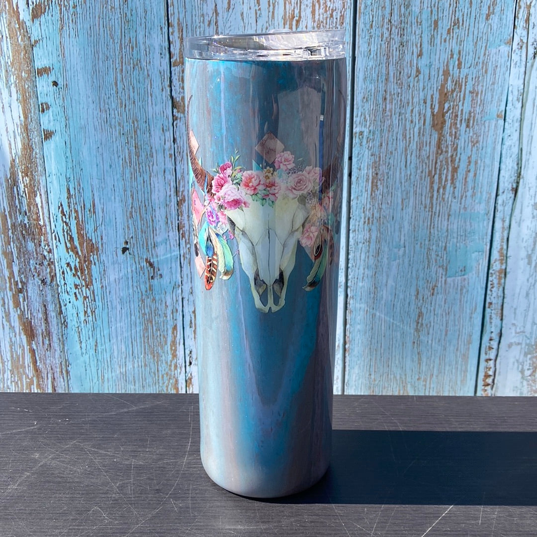 Custom Painted Western Skull Stainless Skinny Tumbler w/Sliding Lid and Straw- 30 Oz