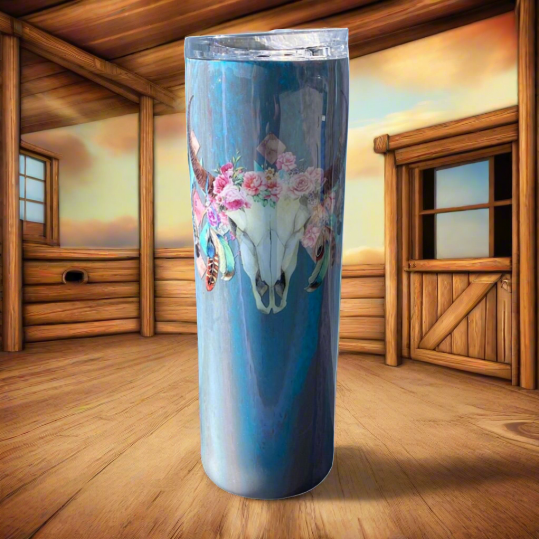 Custom Painted Western Skull Stainless Skinny Tumbler w/Sliding Lid and Straw- 30 Oz