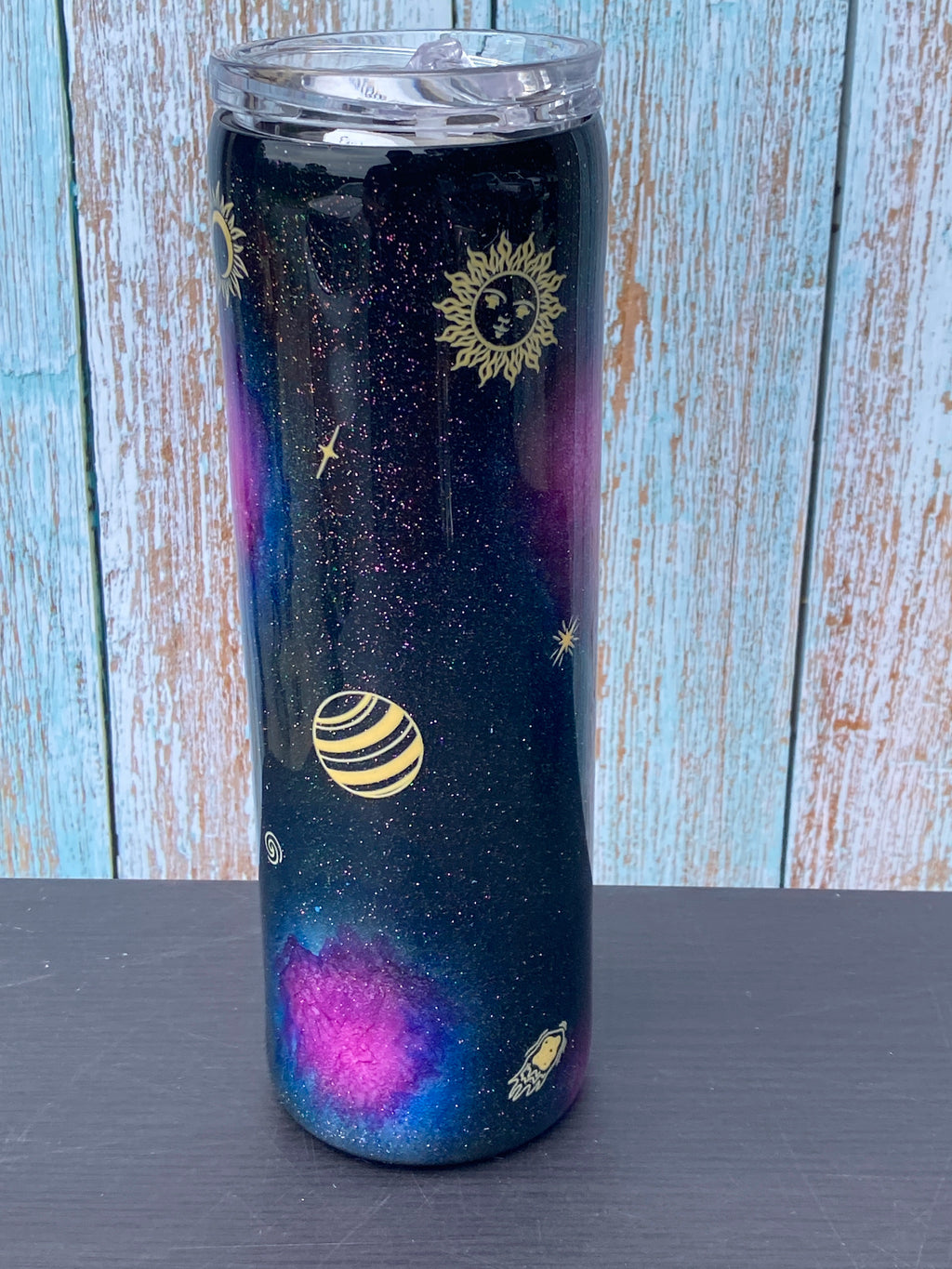Custom Painted Yellow Planets Stainless Skinny Tumbler w/Sliding Lid and Straw- 30 Oz