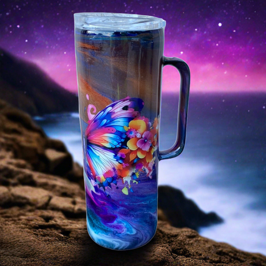 Hand Painted Purple Butterfly Stainless Steel Handle Tumbler w/Sliding Lid and Straw- 20 Oz