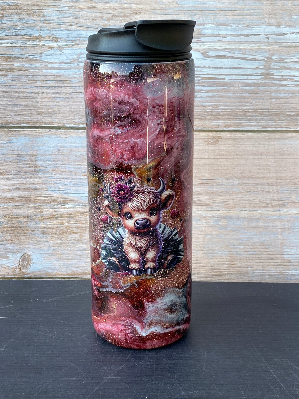 Custom Painted Maroon Cow Stainless Skinny Tumbler w/Dual Flip Lid - 18 Oz