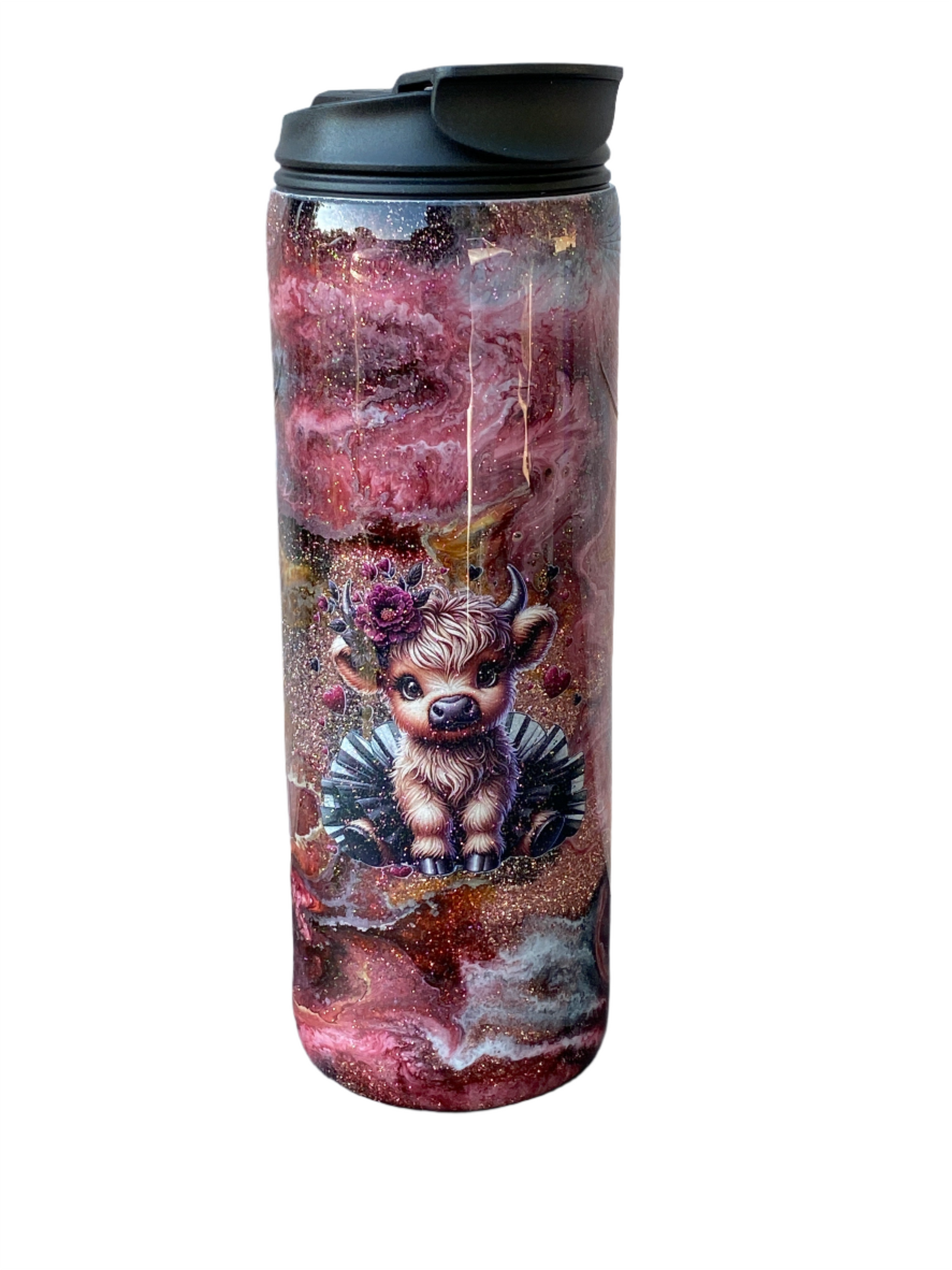 Custom Painted Maroon Cow Stainless Skinny Tumbler w/Dual Flip Lid - 18 Oz