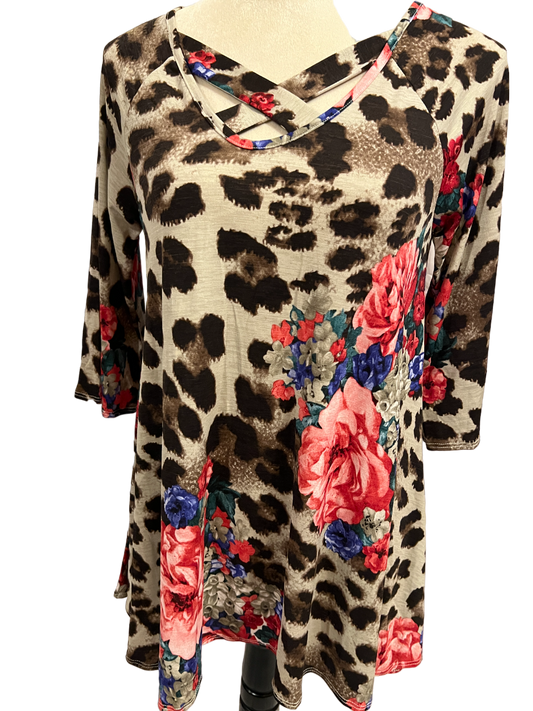 LEOPARD /FLORAL CRISS CROSS NECK TOP