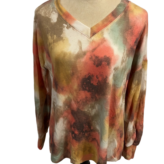 MULTI COLOR LONG SLEEVE TIE DYE V NECK TOP