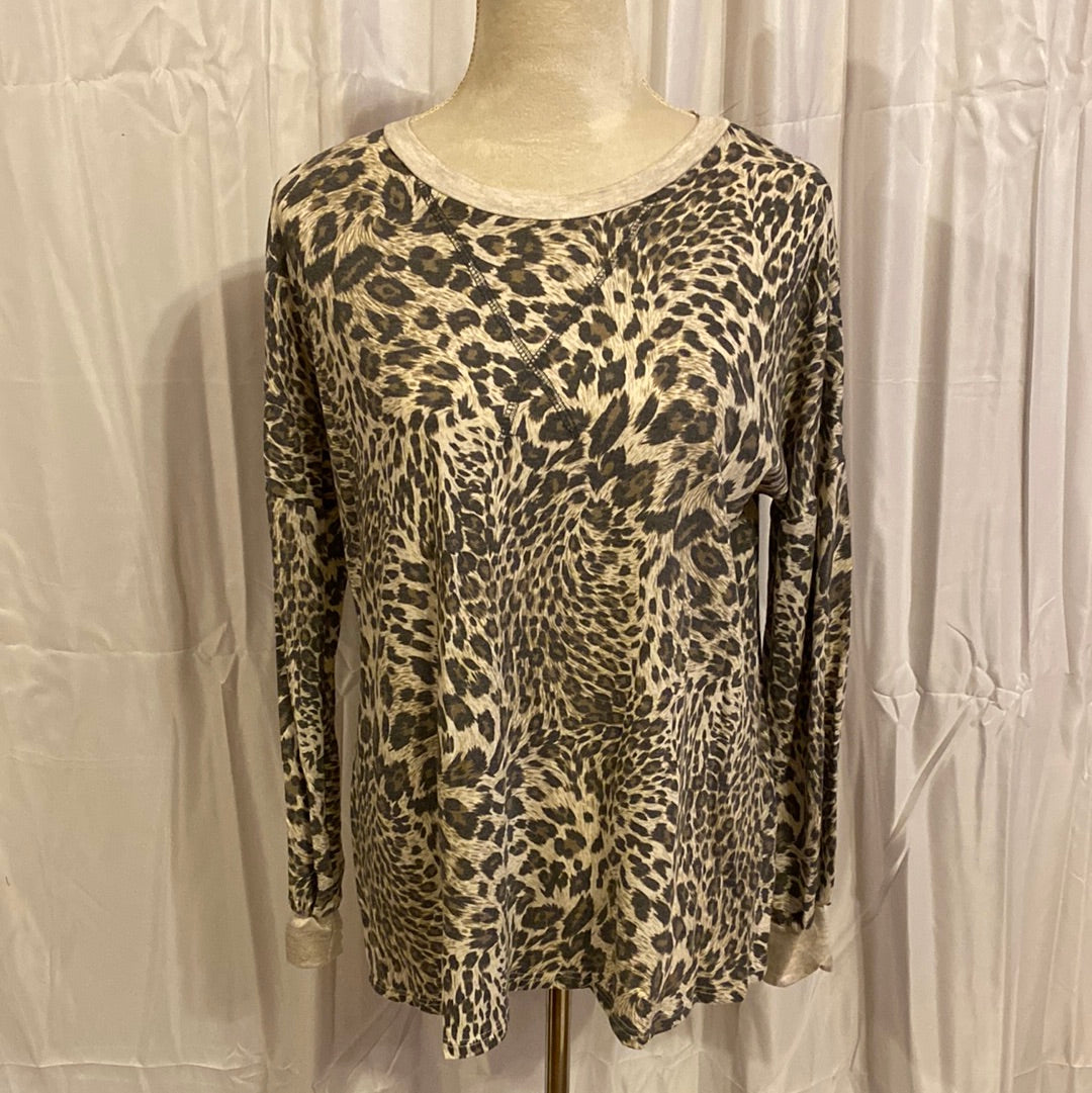 Long Sleeve Brown Leopard Print Top with Stitching Details