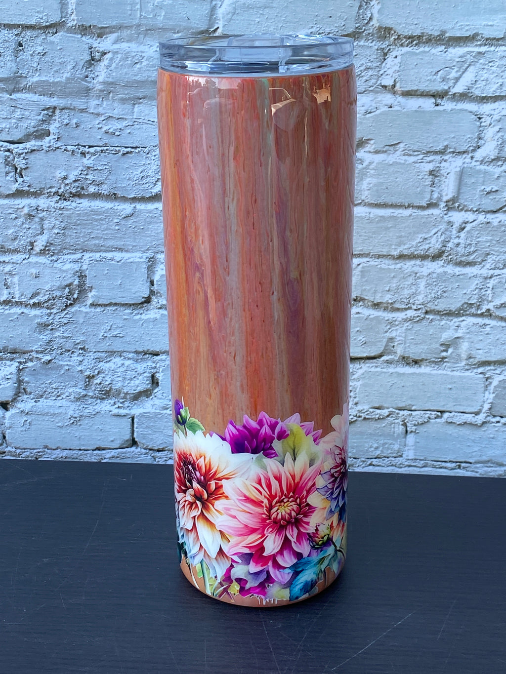 Custom Painted Mauve Swirl Floral Stainless Skinny Tumbler w/Sliding Lid and Straw- 30 Oz