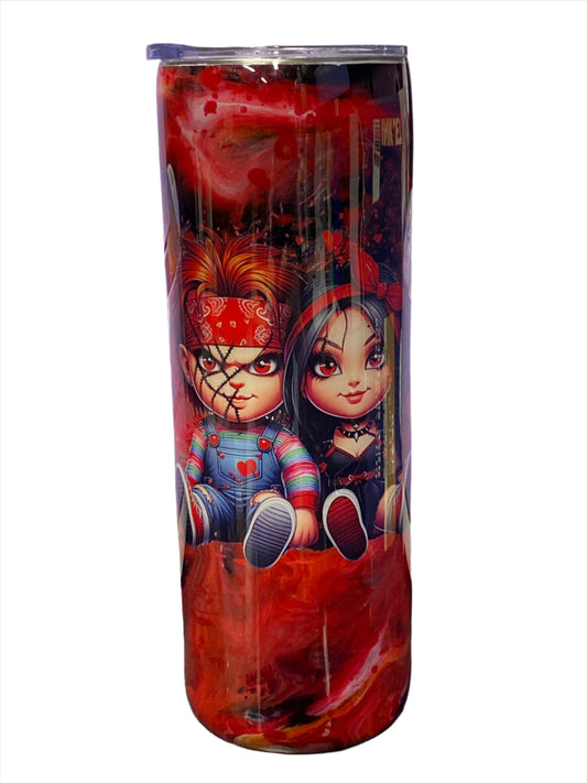 Custom Painted Scary Couple Stainless Skinny Tumbler w/Sliding Lid and Straw- 20 Oz