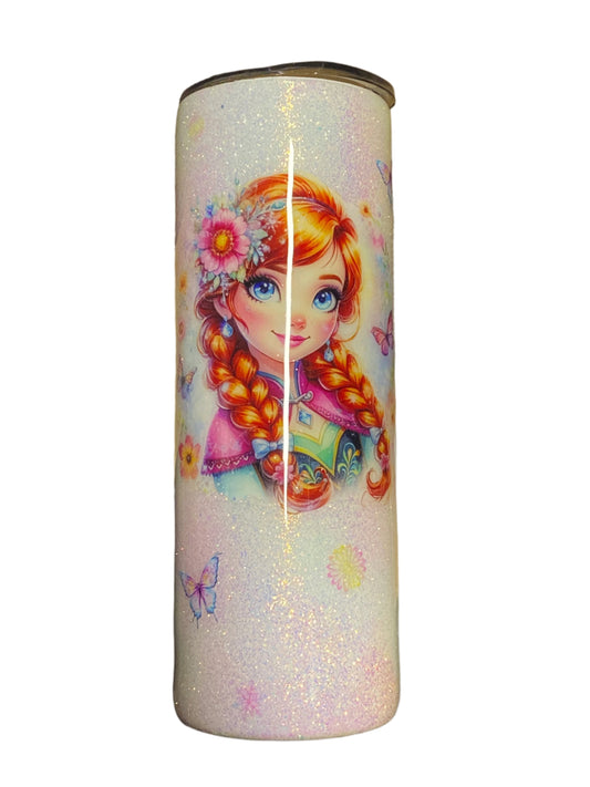 Custom Painted Red Hair Princess Stainless Skinny Tumbler w/Sliding Lid and Straw- 20 Oz