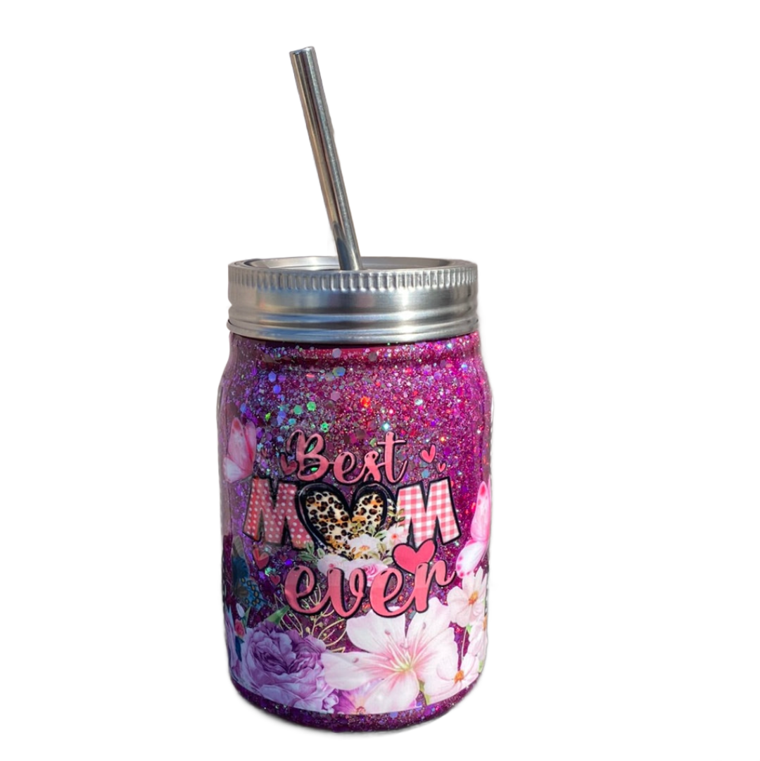 Custom Painted Best Mom Ever Stainless Steel Mason Jar Tumbler - 12 Oz