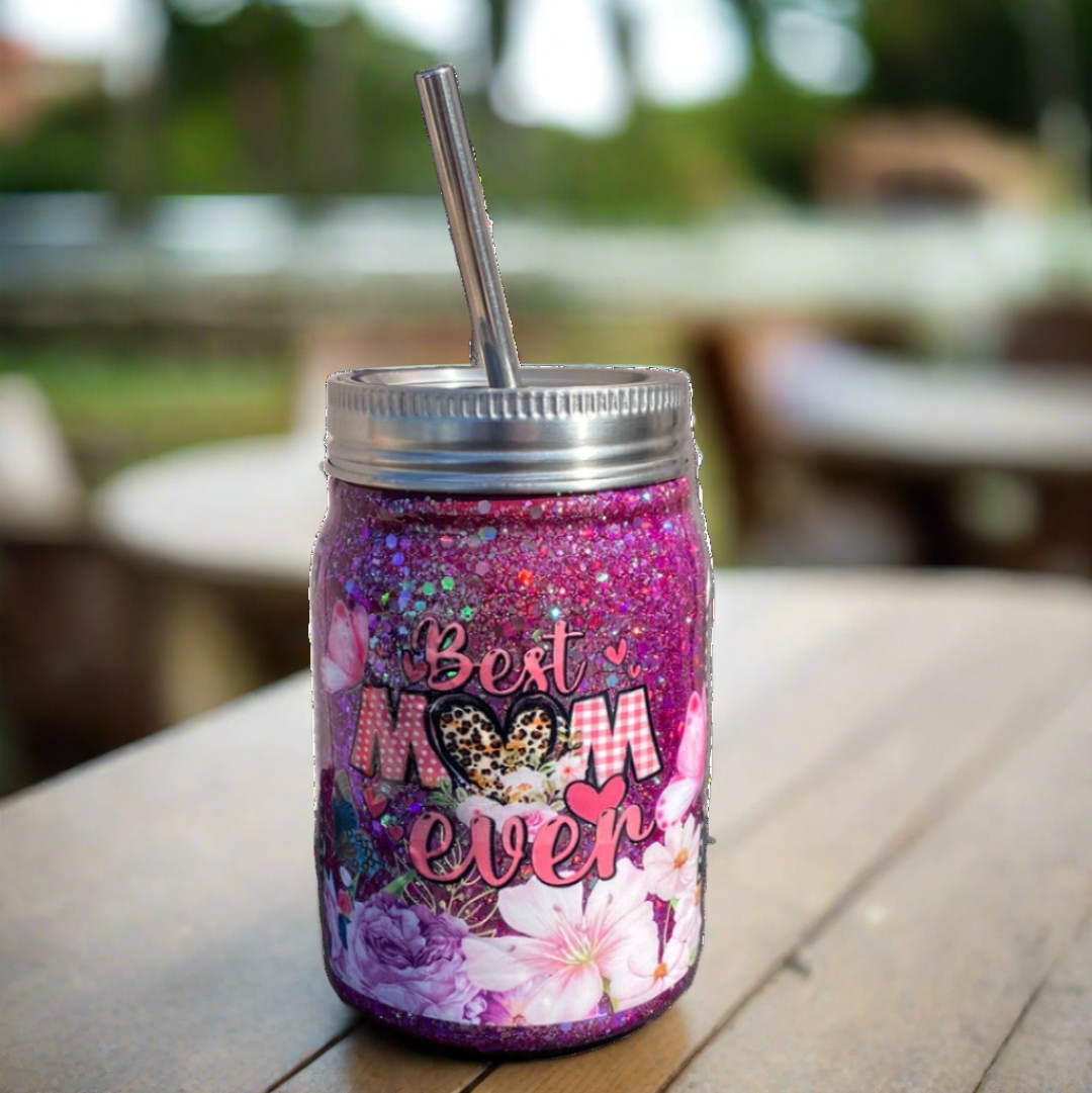 Custom Painted Best Mom Ever Stainless Steel Mason Jar Tumbler - 12 Oz