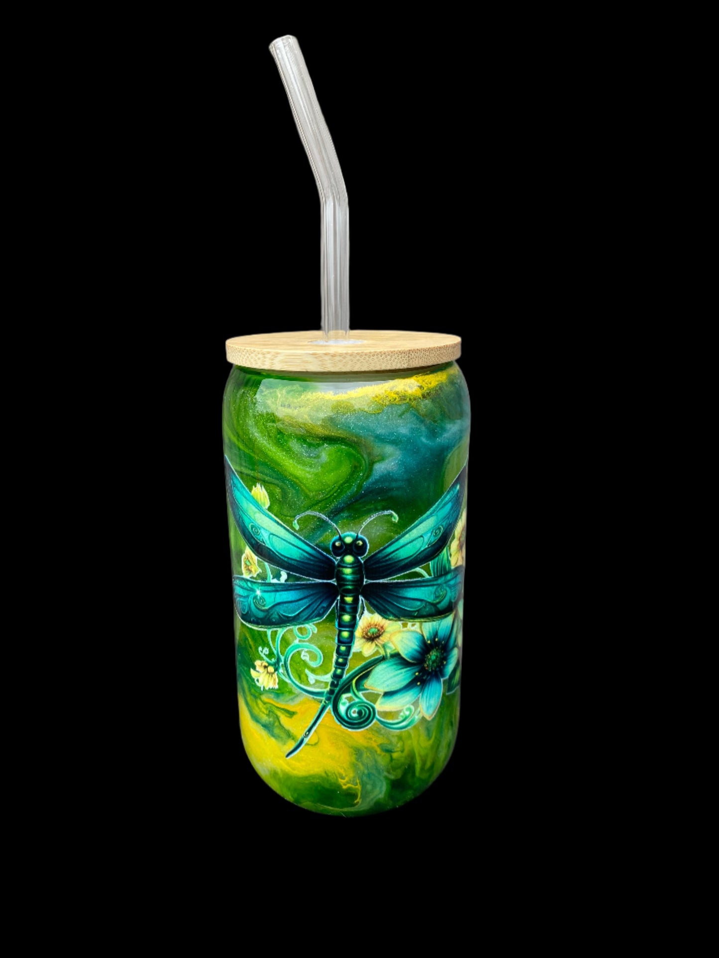 Custom Painted Green Dragonfly Glass Tumbler - 18 Oz