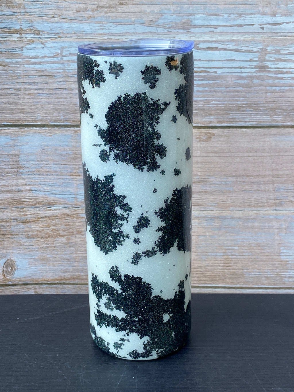 Custom Painted Black Cow Stainless Skinny Tumbler w/Sliding Lid and Straw- 20 Oz