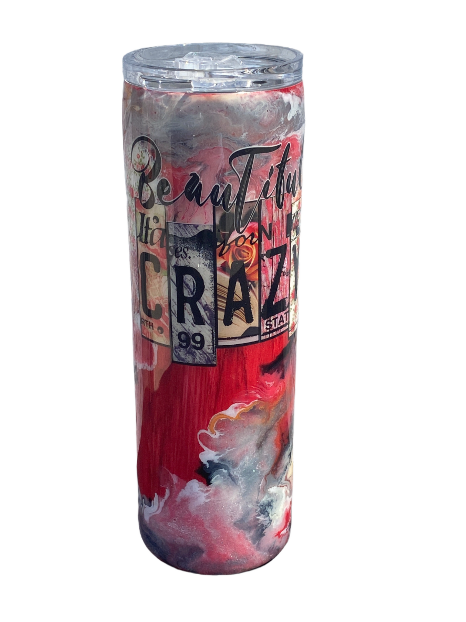 Custom Painted Beautiful Crazy Stainless Skinny Tumbler w/Sliding Lid and Straw- 30 Oz