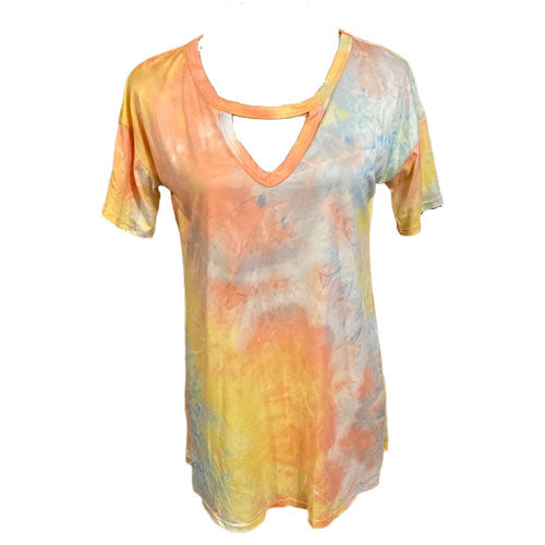 SHORT SLEEVE KEYHOLE NECK TIE DYE PRINT TOP