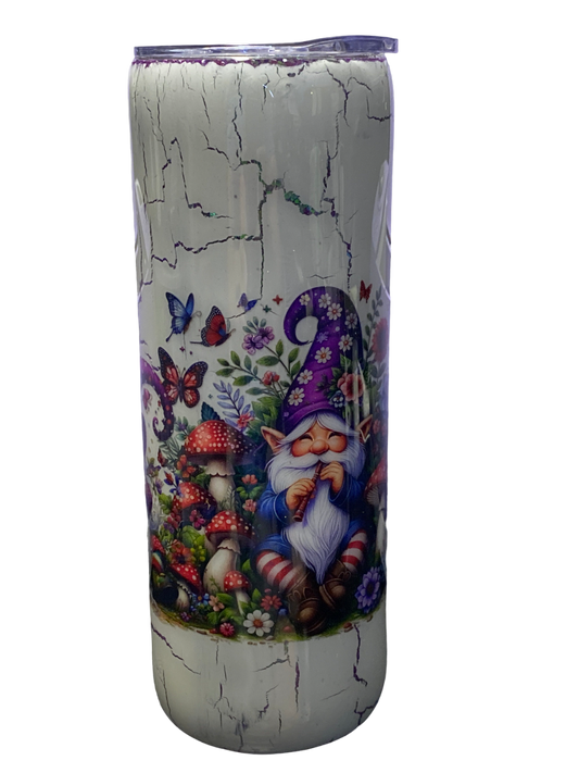 Custom Painted Gnome Crackle Stainless Skinny Tumbler w/Sliding Lid and Straw- 20 Oz