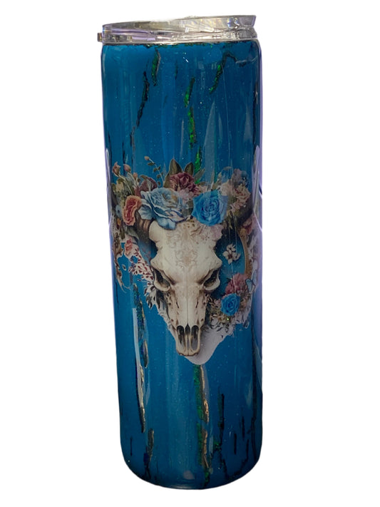 Custom Painted Teal Western Stainless Skinny Tumbler w/Sliding Lid and Straw- 30 Oz