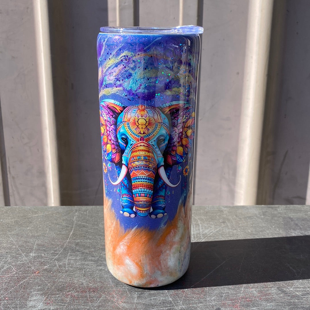 Custom Painted Mandala Elephant Stainless Skinny Tumbler w/Sliding Lid and Straw- 20 Oz