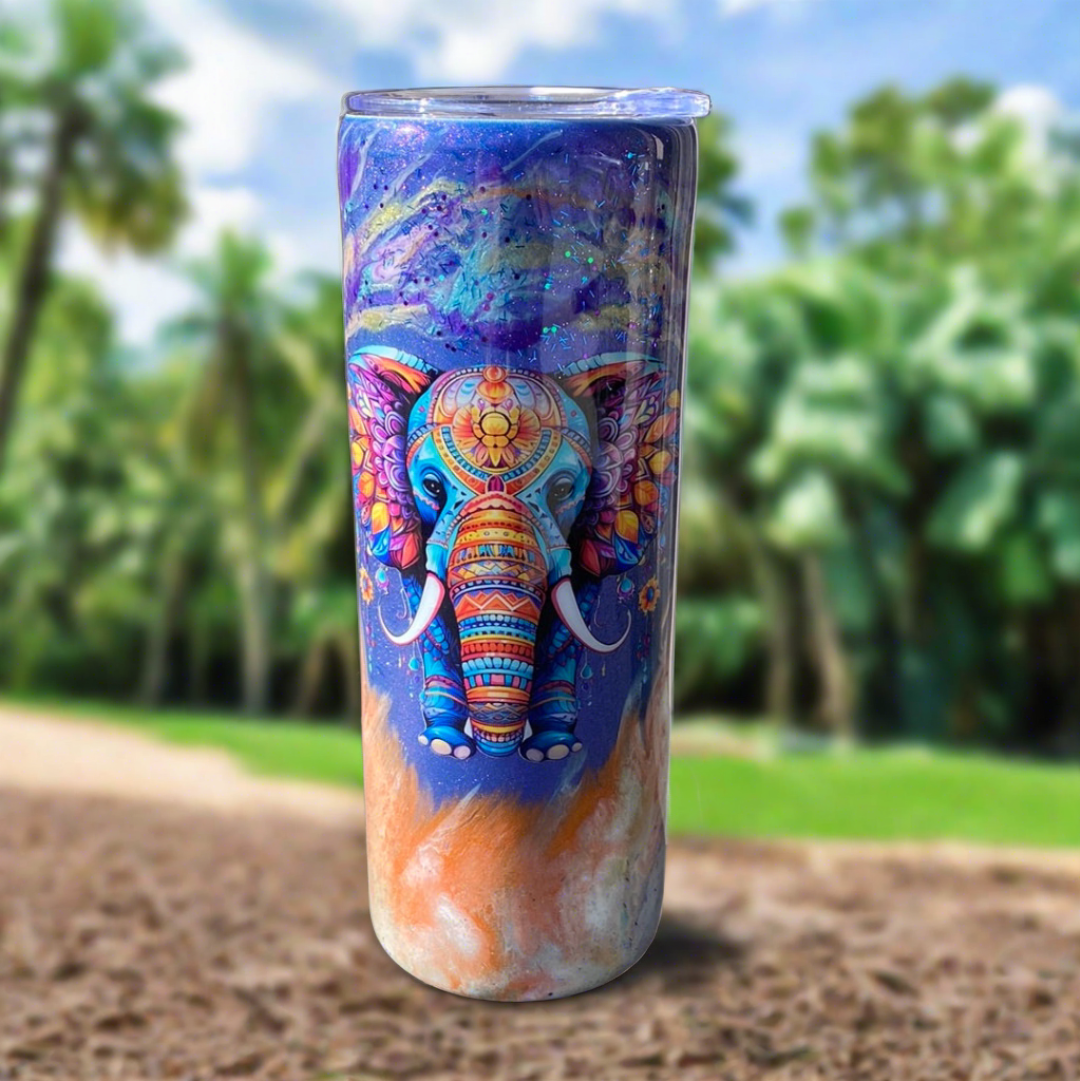 Custom Painted Mandala Elephant Stainless Skinny Tumbler w/Sliding Lid and Straw- 20 Oz