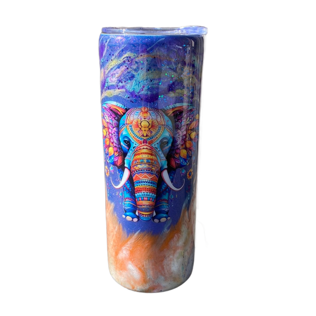 Custom Painted Mandala Elephant Stainless Skinny Tumbler w/Sliding Lid and Straw- 20 Oz