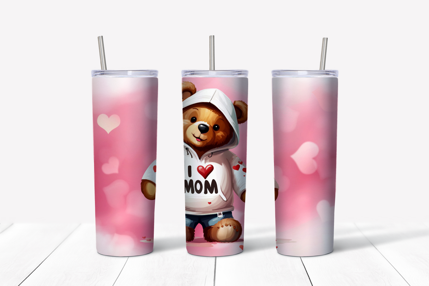 Bear Loves Mom Skinny Tumbler w/Sliding Lid and Straw- 20 Oz