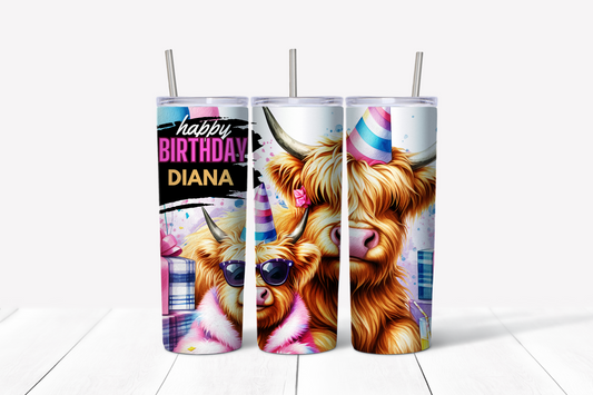 Birthday Cow Custom 1 Skinny Tumbler w/Sliding Lid and Straw- 20 Oz