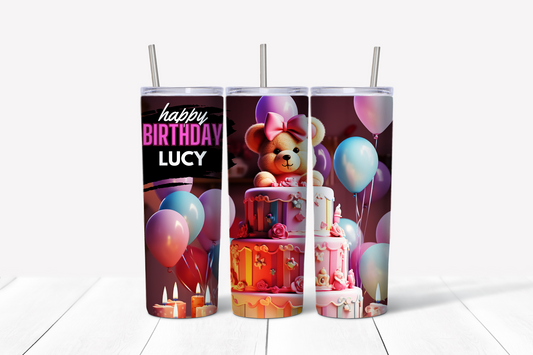 Birthday Bear Custom 2 Skinny Tumbler w/Sliding Lid and Straw- 20 Oz