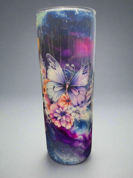 Custom Butterfly Ink Swirl Stainless Skinny Tumbler w/Sliding Lid and Straw- 20 Oz