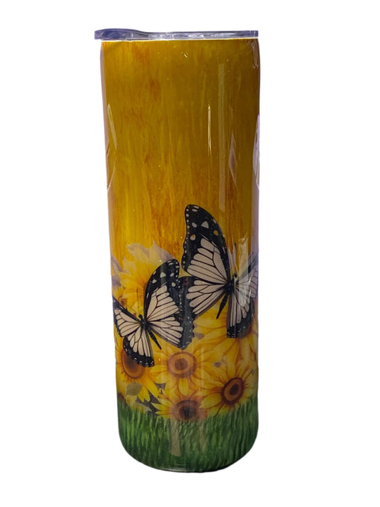 Custom Painted Yellow Butterfly Stainless Skinny Tumbler w/Sliding Lid and Straw- 20 Oz