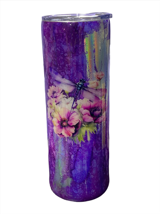 Custom Painted Purple Foil Dragonfly Stainless Skinny Tumbler w/Sliding Lid and Straw- 20 Oz