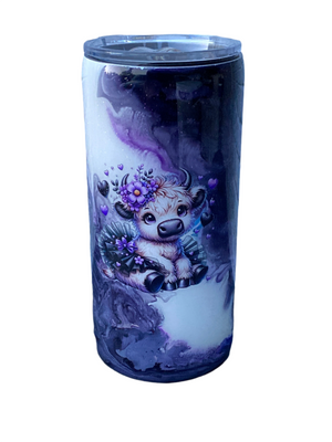 Custom Painted Purple Cow Stainless Fatty Tumbler w/Sliding Lid and Straw- 20 Oz